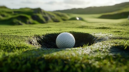 A golf ball nestled in the hole on a lush green course captures the essence of the game