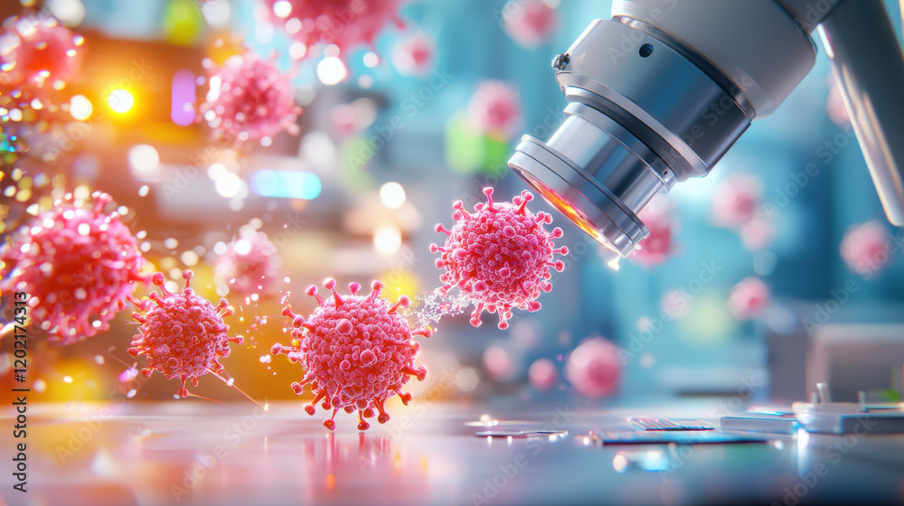 Poster detailed representation of nanoscale machines repairing viruses under microscope, showcasing vibrant