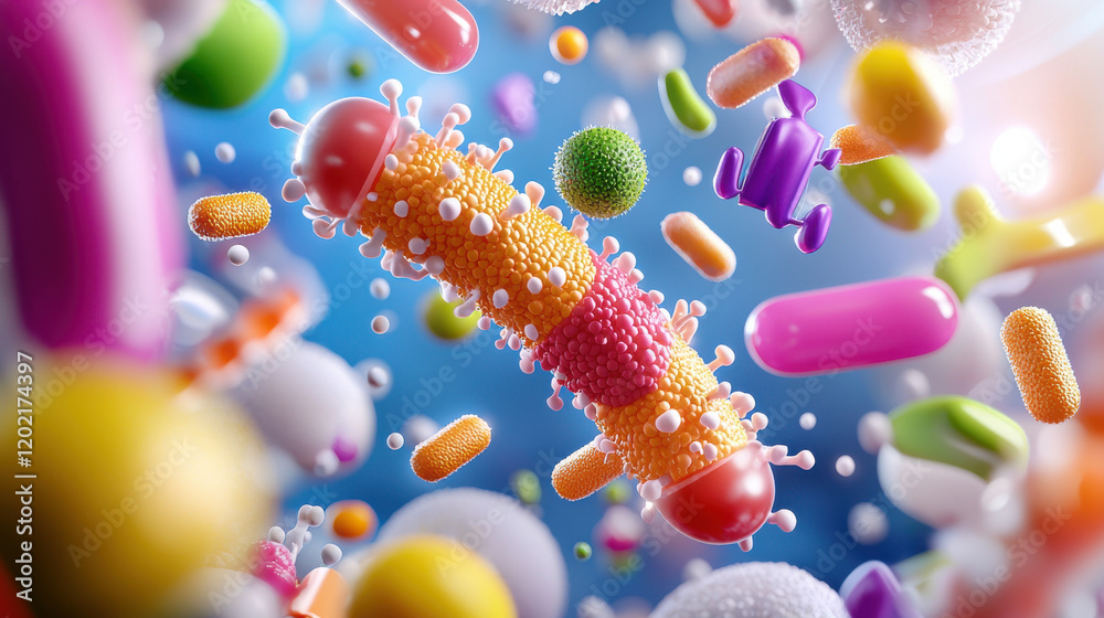 Poster vibrant illustration of nanoscale machines and microorganisms interacting in colorful environment, s