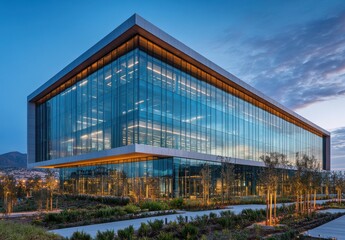 Fototapeta premium Modern Office Building with Glass Facade Surrounded by Landscape at Dusk, Showcasing Innovative Architecture and Urban Design Elements in an Open Environment