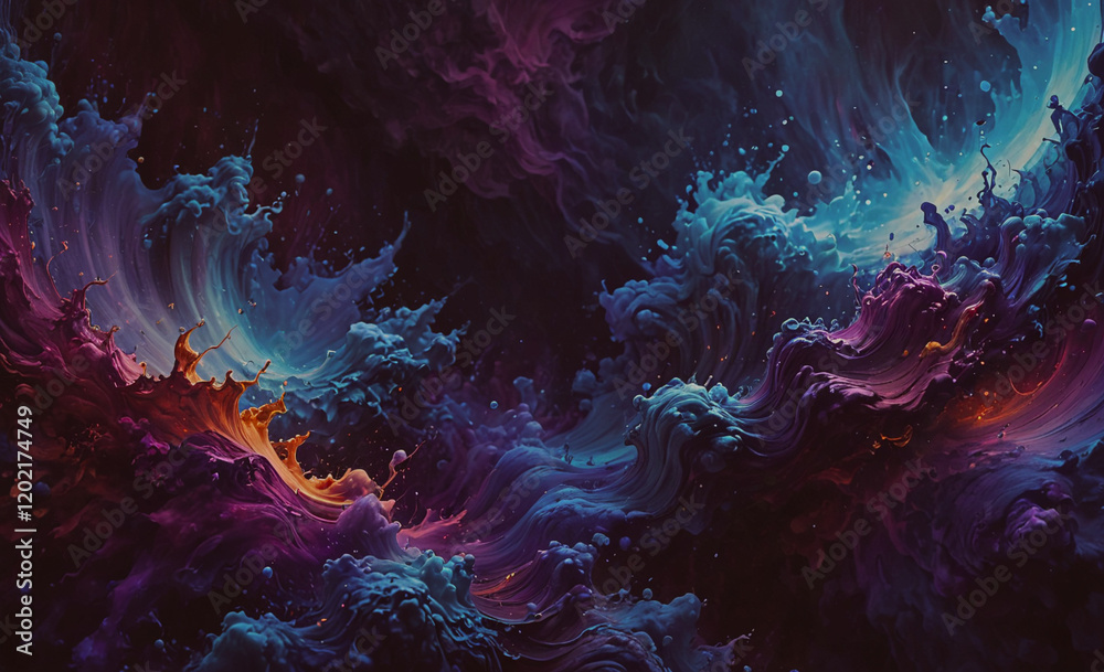 Aufkleber a colorful, abstract painting of a wave with a splash of orange and blue. the painting is full of en