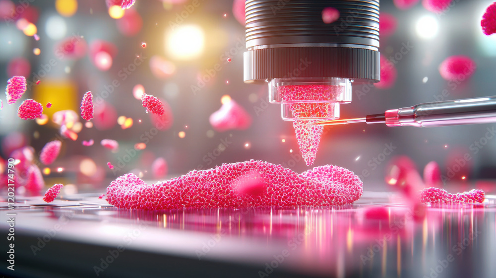 Leinwandbilder detailed scene of 3d bioprinting using nanotechnology, showcasing vibrant pink cells being printed w