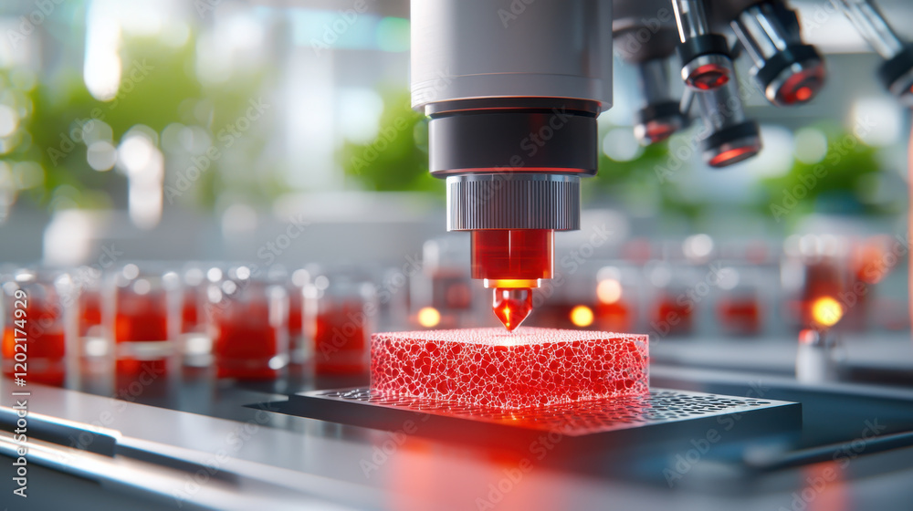 Poster detailed scene of 3D bioprinting using advanced technology, showcasing red gel like material being printed with precision. environment is bright and modern, emphasizing innovation