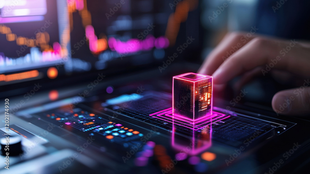 Aufkleber Futuristic digital interface showcasing data analysis and technology trends, with hand interacting with holographic cube representing data visualization and analytics