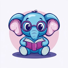 Fototapeta premium Blue elephant cartoon reading book with pink circle backdrop for children's products