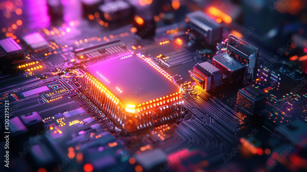 Fototapete vibrant close up of microprocessor on circuit board, showcasing intricate details and glowing lights