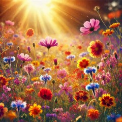 A colorful wildflower meadow in full bloom, with soft sunlight streaming through, casting a warm glow on the vibrant petals