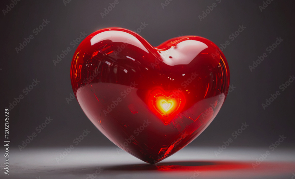 Poster a heart with a hole in it is lit up with a red light. the heart is surrounded by a dark background