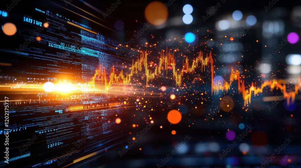 Leinwandbilder vibrant visualization of data trends with glowing lines and colorful particles, representing impact of trade policies and economic fluctuations