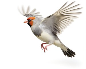 Obraz premium Flying Finch - Zebra Finch in Flight on Solid White Background