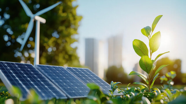 Sustainable energy concept with solar panels and wind turbine in green city. image showcases young plant thriving in vibrant environment, symbolizing growth and eco friendliness
