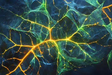 Naklejka premium Abstract Neural Network Glowing Green Yellow