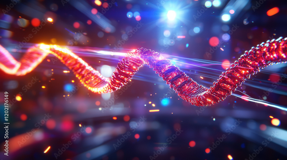 Poster futuristic depiction of DNA strand illuminated with vibrant colors, showcasing intricate details and dynamic background. image evokes sense of advanced technology and genetic exploration