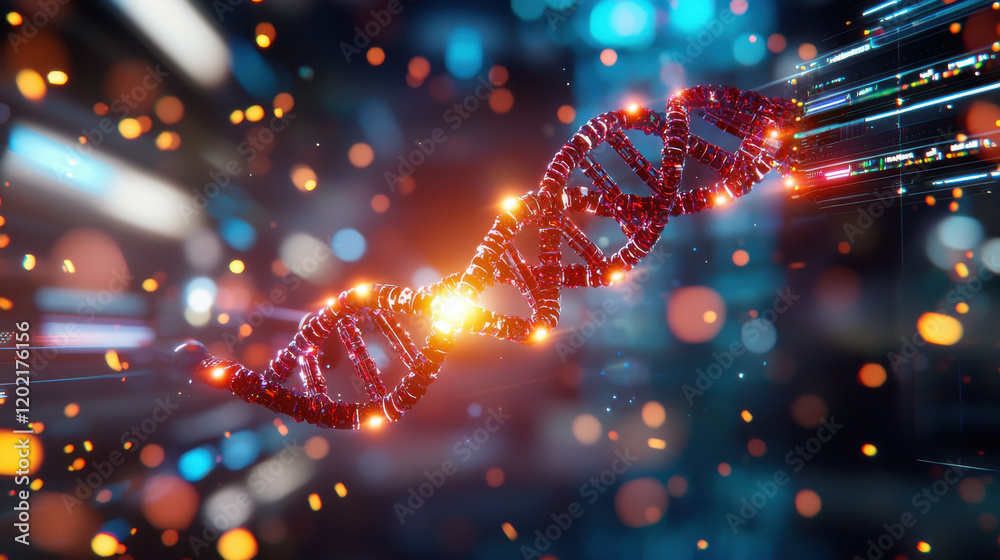 Poster futuristic depiction of dna strand illuminated by vibrant lights, symbolizing genetic data and techn