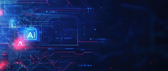 Obraz premium Abstract background with digital technology and AI icon on a blue banner, text 