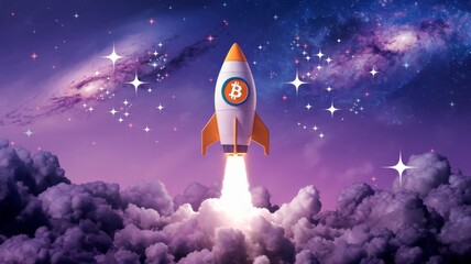 A Rocket is Launching into the Expansive Universe while Showcasing the Bitcoin Symbol