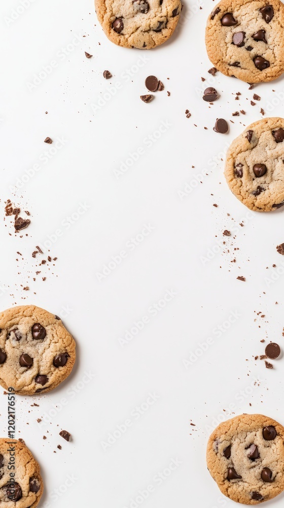 Aufkleber Chocolate chip cookies and scattered crumbs create a visually appealing vertical frame on a clean white surface, leaving an inviting empty space in the center for creative uses