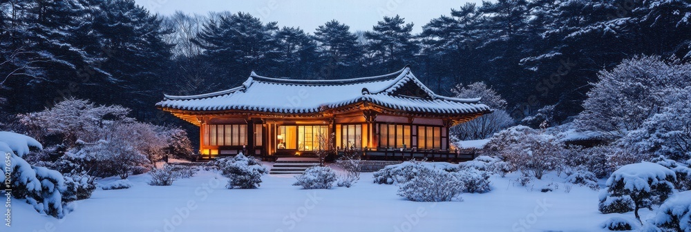 Aufkleber traditional korean house illuminated in winter snow with serene garden in the background during even