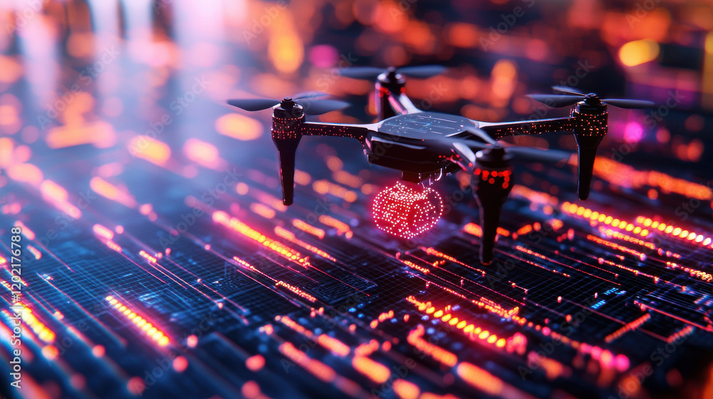 Poster futuristic drone hovering over digital landscape, showcasing advanced technology and vibrant colors.
