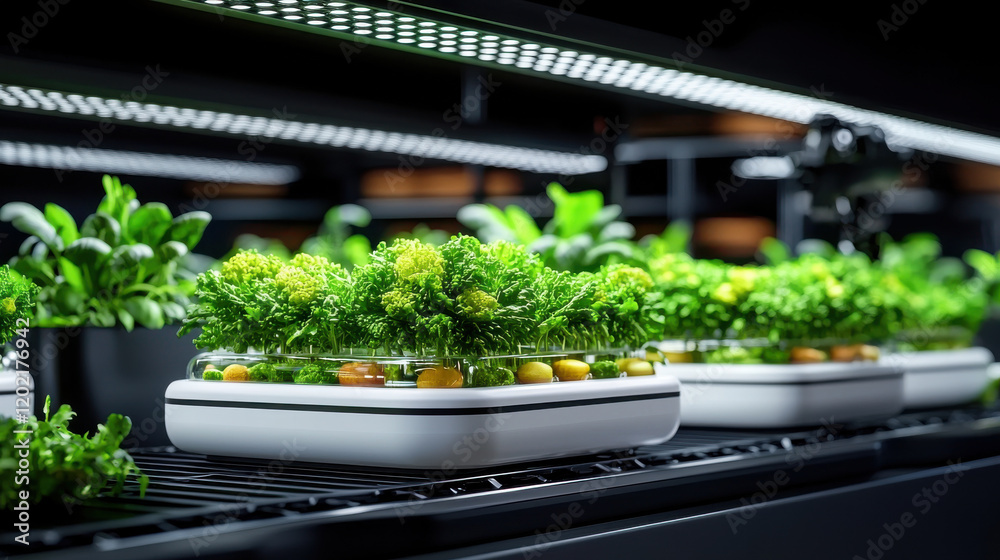 Aufkleber Automated food packaging system with fresh greens in modern setup