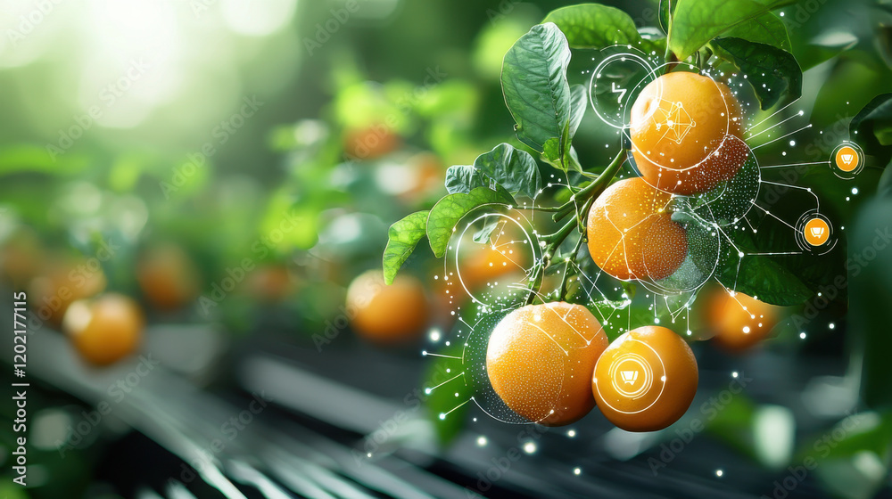 Poster futuristic image of digital fruit tracking system showcasing vibrant oranges on trees, surrounded by technology and data visualization elements
