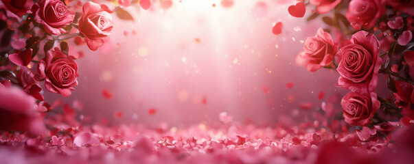Romantic pink rose background with petals and soft light, creating dreamy atmosphere. Perfect for love themed events and celebrations