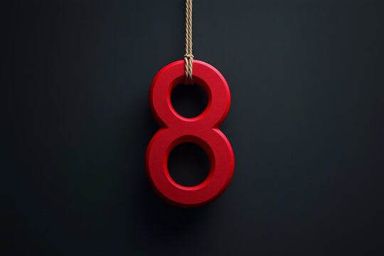 Red Number Eight Hanging, Minimalist Dark Background, Abstract Design