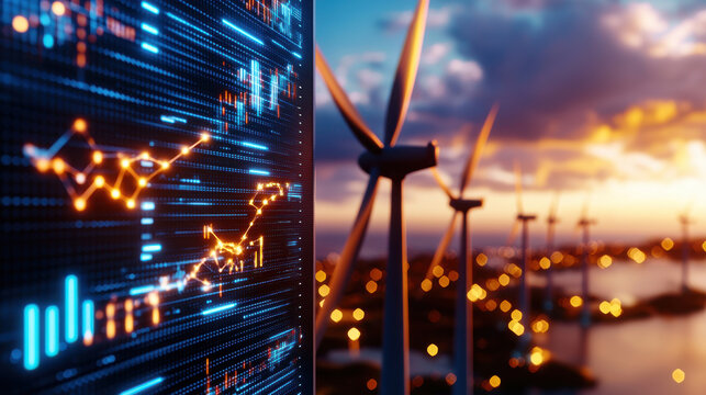 Futuristic wind farm with data visualization, showcasing renewable energy trends and technology. scene captures innovation and sustainability in vibrant setting