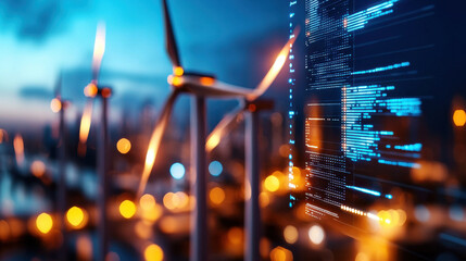 Futuristic wind farm with digital interface and city skyline at dusk. image captures blend of renewable energy and technology, showcasing wind turbines and data visualization