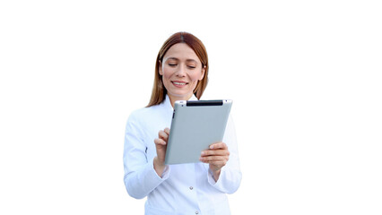 Young female doctor standing and holding a digital tablet	