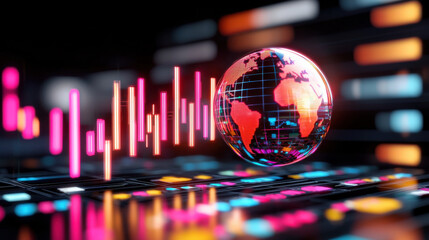 futuristic representation of global finance with holographic globe, vibrant colors, and data visualization elements. This conveys innovation and technology in finance