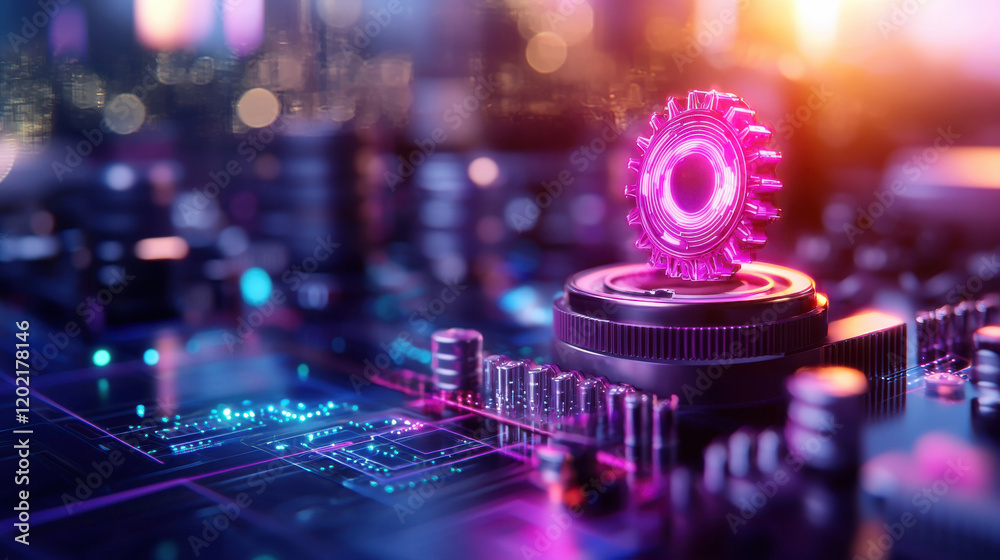 Aufkleber futuristic digital scene featuring glowing gear on circuit board, symbolizing technology and innovation. vibrant colors and intricate details create captivating atmosphere