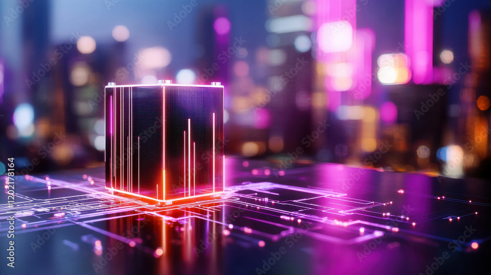 Poster futuristic digital scene featuring glowing cube on circuit board, surrounded by vibrant city lights.