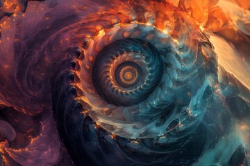 Abstract swirling cosmic nebula with fiery orange and teal hues