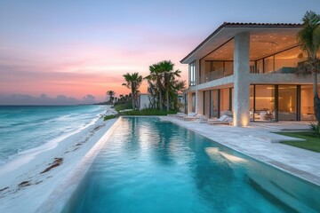 Obraz premium minimalist coastal villa at twilight, geometric shapes, clean lines, pale pink sky, turquoise ocean, white sand, long shadows