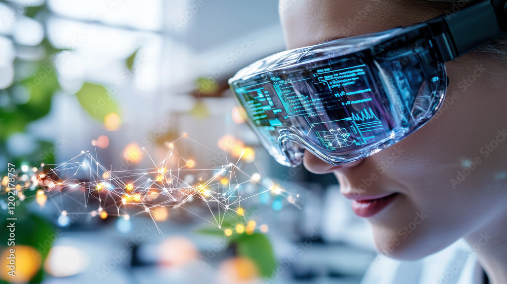 Poster woman wearing futuristic augmented reality glasses, interacting with digital data and holograms in m