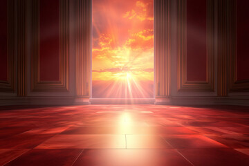 stunning sunset illuminates grand room with polished wooden floors, creating warm and inviting atmosphere. rays of sunlight stream through open doorway, enhancing romantic ambiance