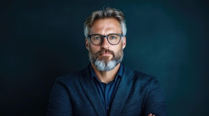 Obraz premium Confident mature man portrait, dark background, professional headshot, corporate use