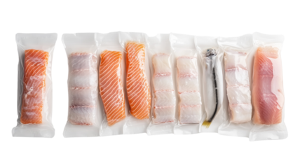 A row of frozen fish fillets in sealed bags isolated on transparent background (2)