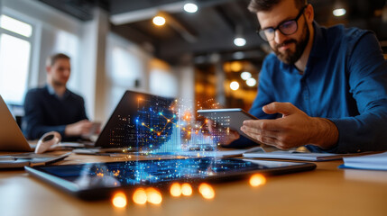 Innovative startup office with entrepreneurs analyzing data on digital devices. atmosphere is collaborative and focused on technology and growth