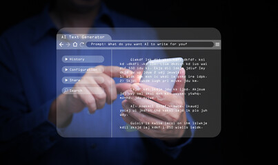 AI text generator concept: a man uses Ai, artificial intelligence, on his smartphone to generate text and assist with writing content