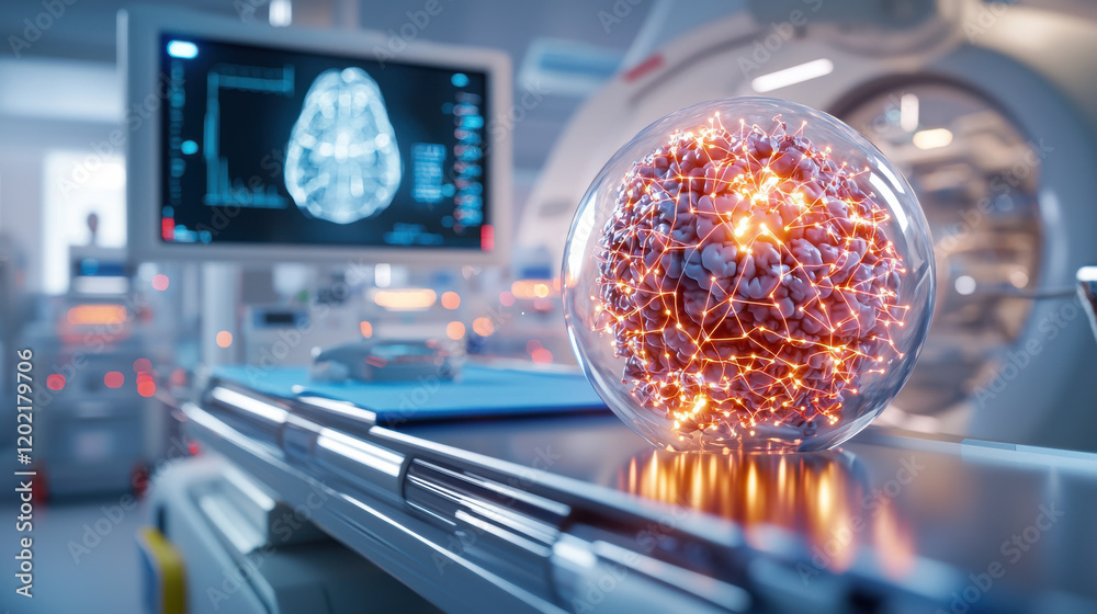 Aufkleber high resolution 3D representation of AI powered molecular structure in futuristic lab setting, showcasing advanced technology and innovation