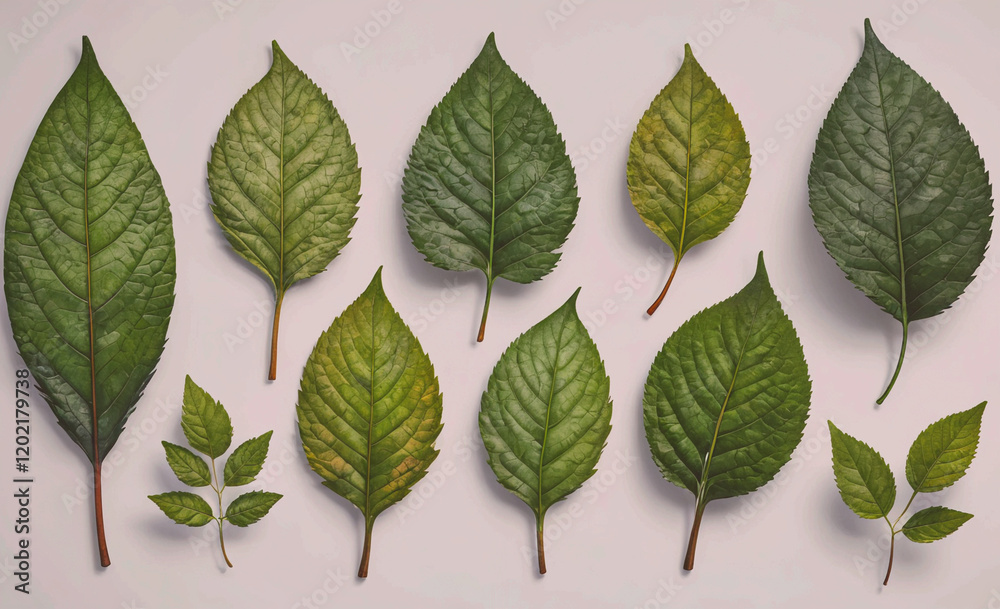 Aufkleber a collection of green leaves are shown in various sizes and shapes. the leaves are arranged in a row