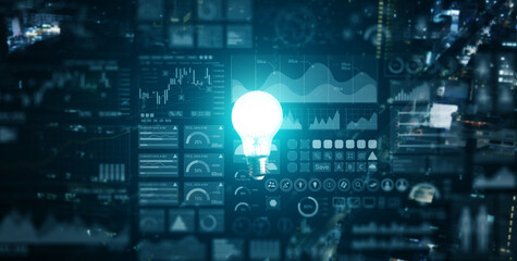 Fototapeta premium Illuminated or glowing lightbulb, blue light, on dark background with data information analysis, representing new ideas, insight, innovation, creativity, understanding, knowledge, and inspiration.