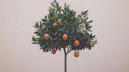 A citrus tree with vibrant green leaves and ripe oranges hanging from its branches, isolated on a clean white background