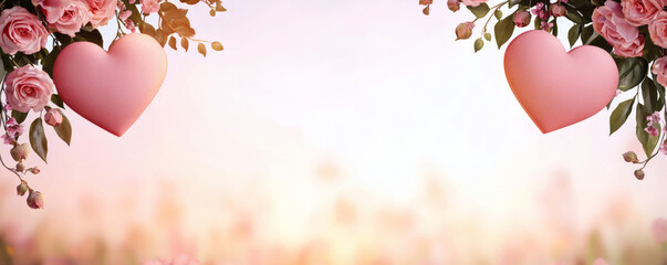 Romantic pink hearts surrounded by roses create dreamy background, perfect for expressing love and affection. Ideal for invitations or heartfelt messages