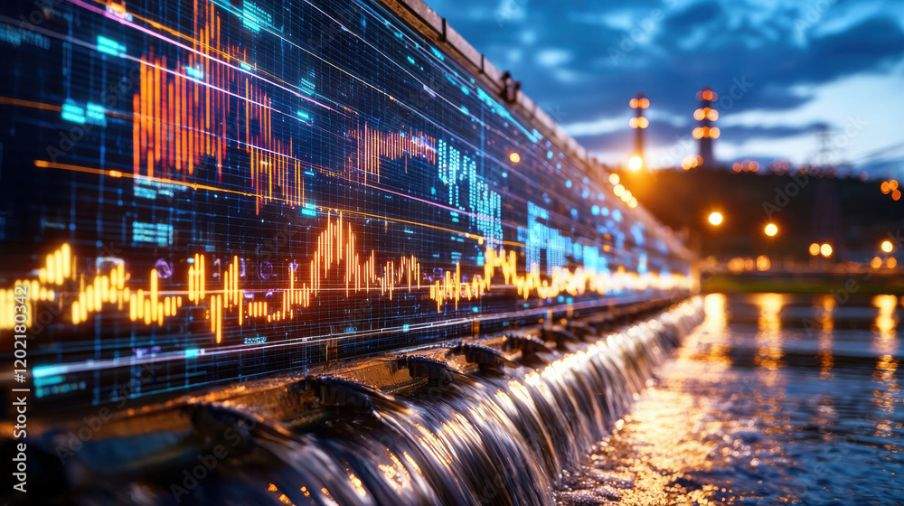 Fototapete digital representation of hydroelectric power with flowing water and data visualization. scene captu