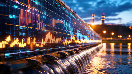 digital representation of hydroelectric power with flowing water and data visualization. scene captures blend of nature and technology, showcasing energy generation