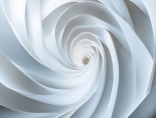 Obraz premium Spiraling White Paper Design, Abstract Concept of Motion and Fluidity, Perfect for Backgrounds, Textures, and Modern Artwork in Advertising and Marketing Materials