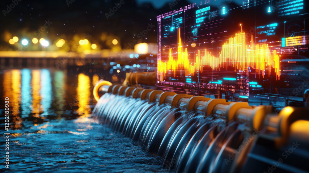 Poster high resolution digital depiction of hydroelectric facility with flowing water and data visualizatio